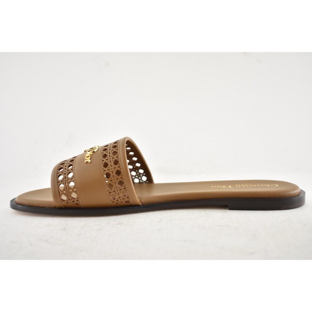 Dior D-Lane Dway Micro Cannage Chestnut Brown Leather Logo Slide Flat Sandal 37 - Picture 14 of 16